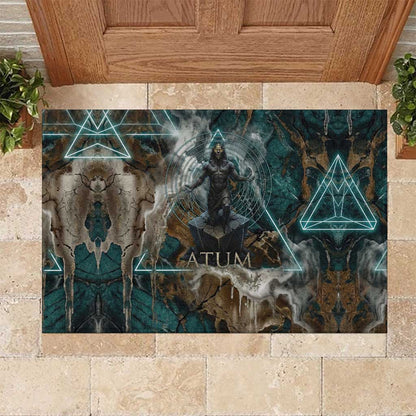 Atum Rubber Doormat Ancient Egyptian Teal Marble Smoke, Solar Barque Crown, Creator Deity Statue - African Pride