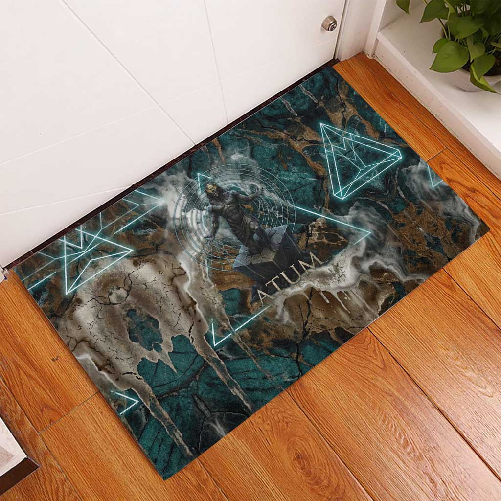 Atum Rubber Doormat Ancient Egyptian Teal Marble Smoke, Solar Barque Crown, Creator Deity Statue - African Pride