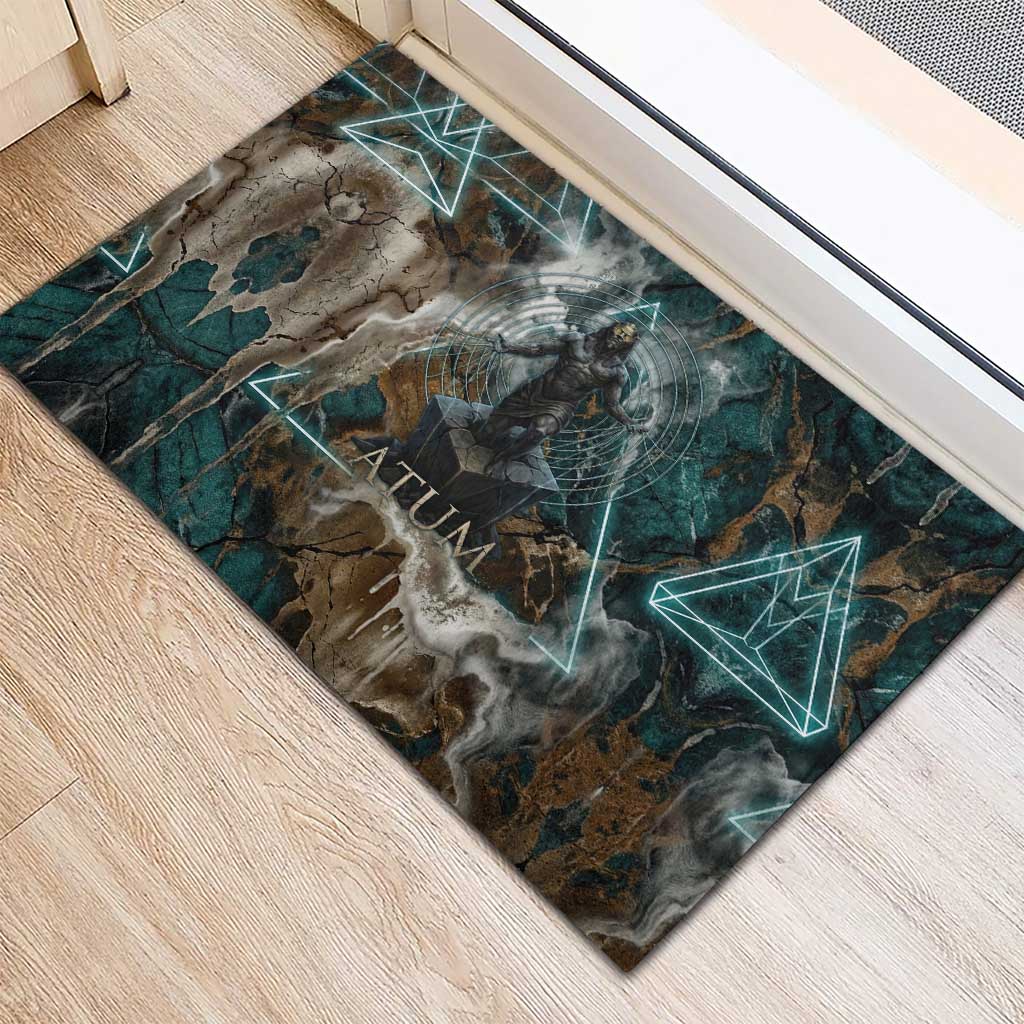 Atum Rubber Doormat Ancient Egyptian Teal Marble Smoke, Solar Barque Crown, Creator Deity Statue - African Pride