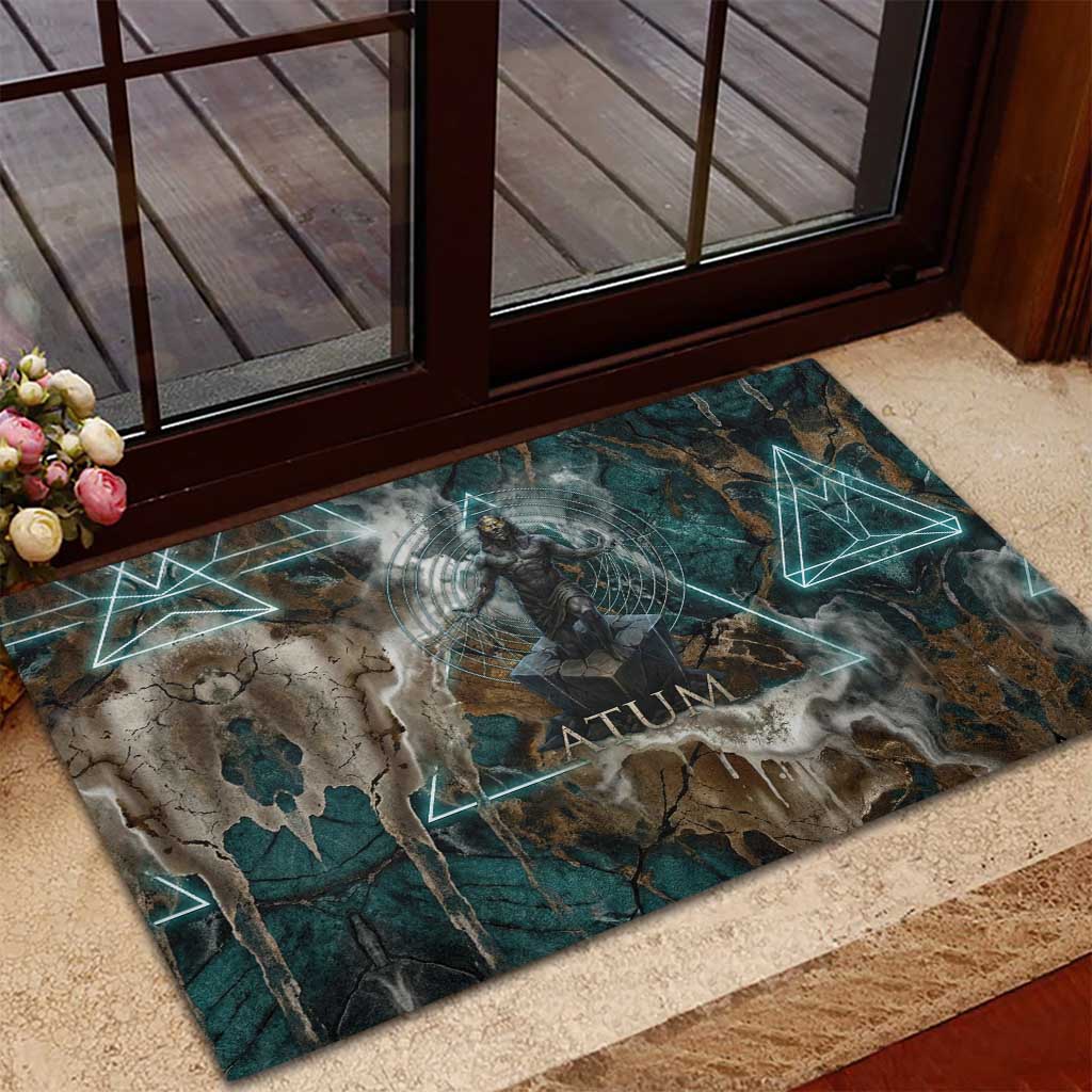 Atum Rubber Doormat Ancient Egyptian Teal Marble Smoke, Solar Barque Crown, Creator Deity Statue - African Pride