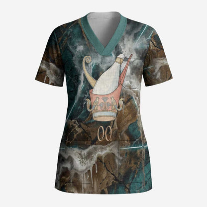 Atum Scrub Top Ancient Egyptian Teal Marble Smoke, Solar Barque Crown, Creator Deity Statue - African Pride