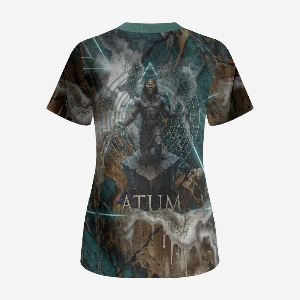 Atum Scrub Top Ancient Egyptian Teal Marble Smoke, Solar Barque Crown, Creator Deity Statue - African Pride