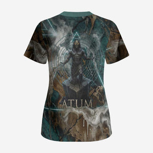 Atum Scrub Top Ancient Egyptian Teal Marble Smoke, Solar Barque Crown, Creator Deity Statue - African Pride