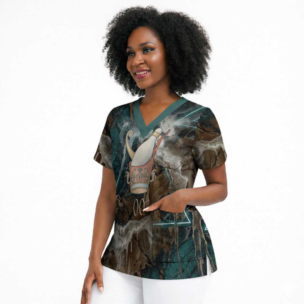 Atum Scrub Top Ancient Egyptian Teal Marble Smoke, Solar Barque Crown, Creator Deity Statue - African Pride