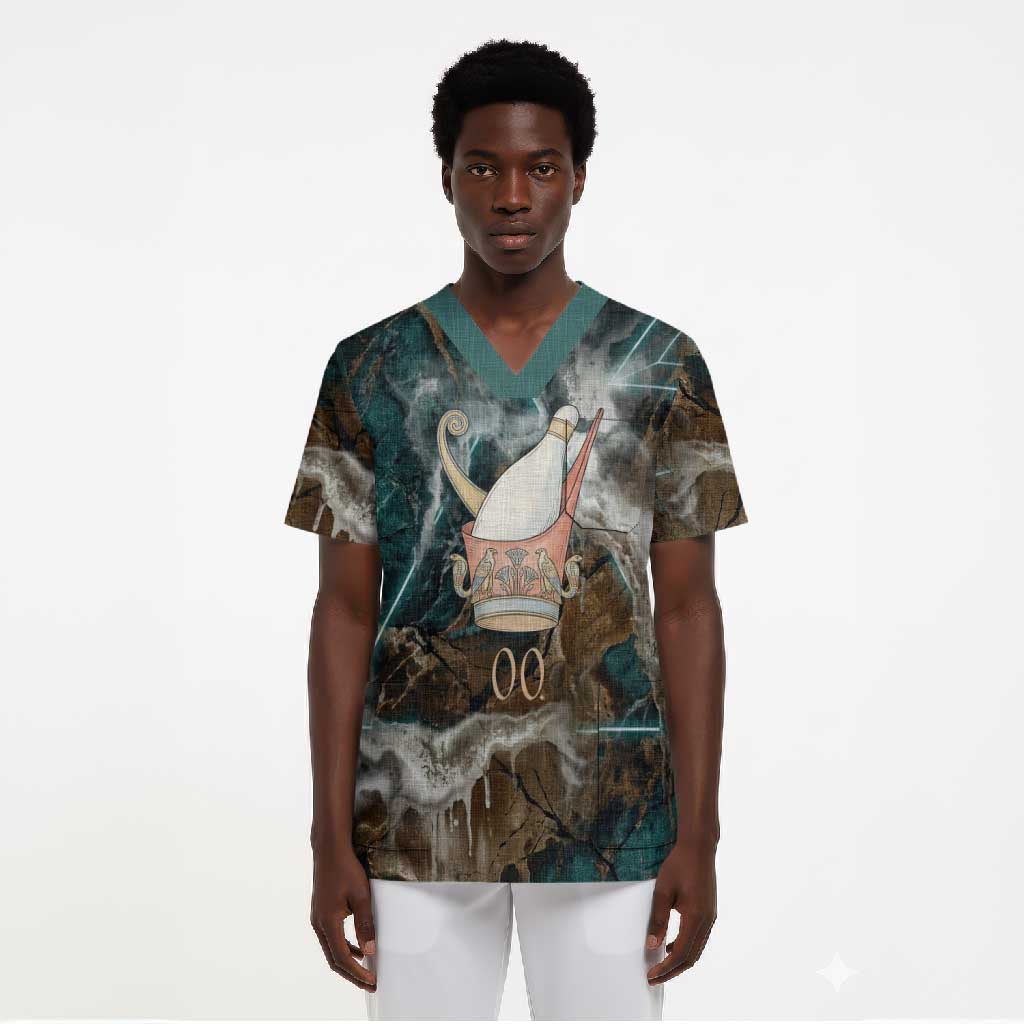 Atum Scrub Top Ancient Egyptian Teal Marble Smoke, Solar Barque Crown, Creator Deity Statue - African Pride