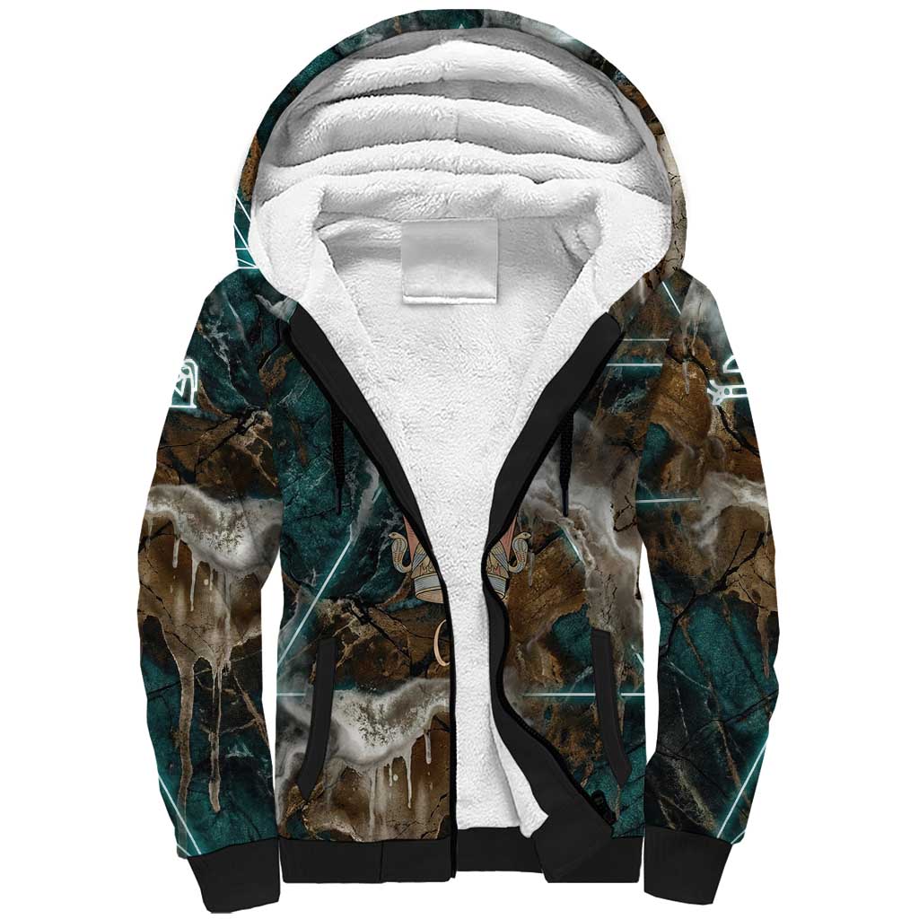 Atum Sherpa Hoodie Ancient Egyptian Teal Marble Smoke, Solar Barque Crown, Creator Deity Statue - African Pride