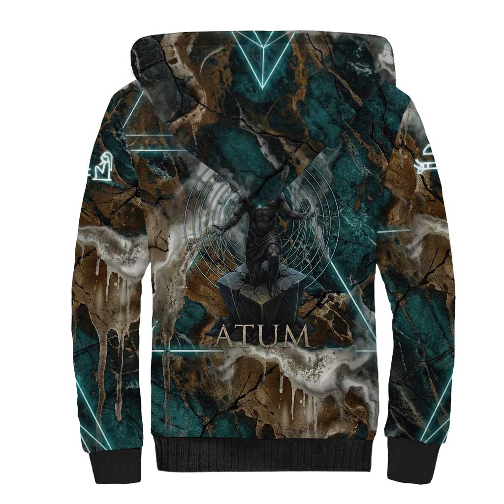 Atum Sherpa Hoodie Ancient Egyptian Teal Marble Smoke, Solar Barque Crown, Creator Deity Statue - African Pride