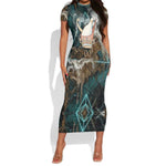 Atum Short Sleeve Bodycon Dress Ancient Egyptian Teal Marble Smoke, Solar Barque Crown, Creator Deity Statue - African Pride