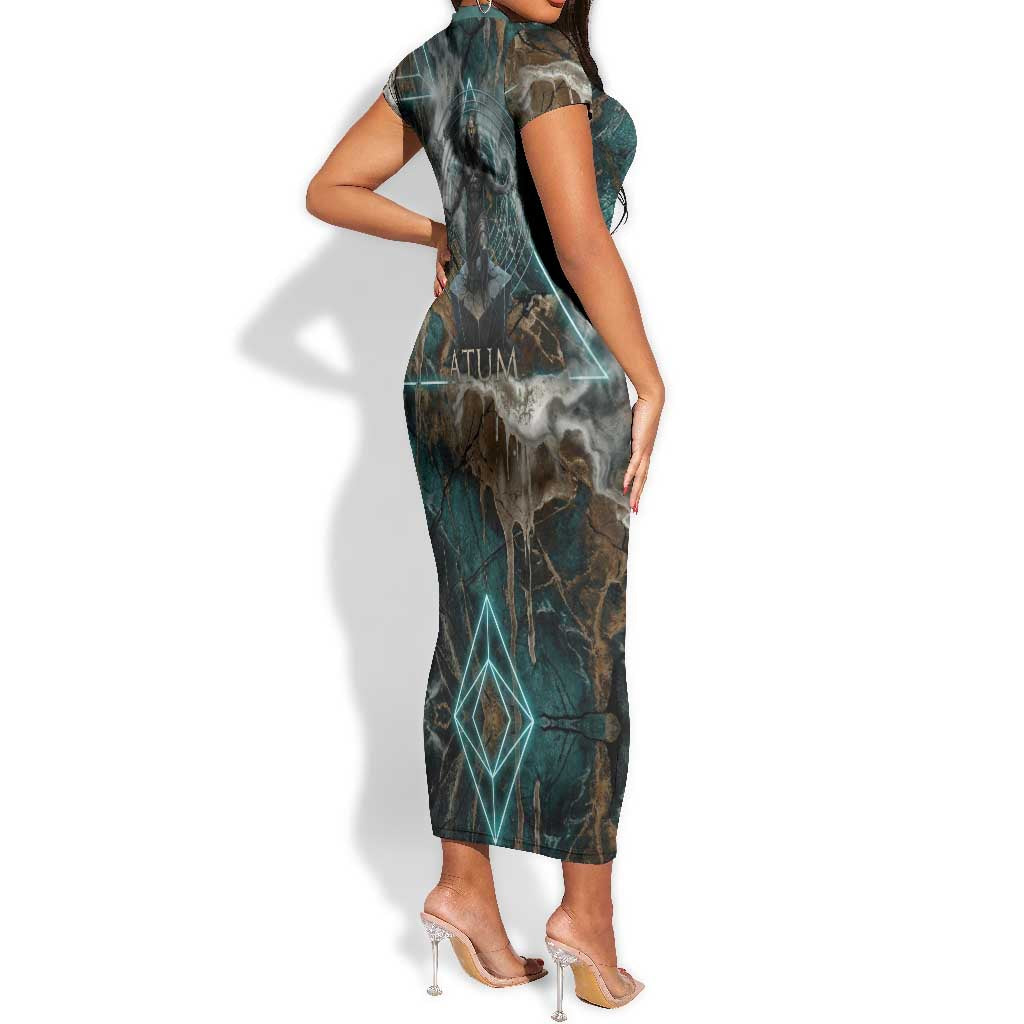 Atum Short Sleeve Bodycon Dress Ancient Egyptian Teal Marble Smoke, Solar Barque Crown, Creator Deity Statue - African Pride