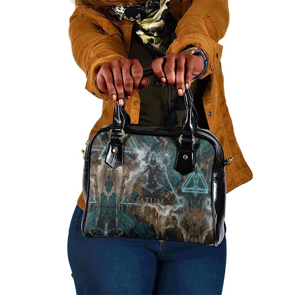 Atum Shoulder Handbag Ancient Egyptian Teal Marble Smoke, Solar Barque Crown, Creator Deity Statue - African Pride