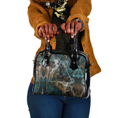 Atum Shoulder Handbag Ancient Egyptian Teal Marble Smoke, Solar Barque Crown, Creator Deity Statue - African Pride
