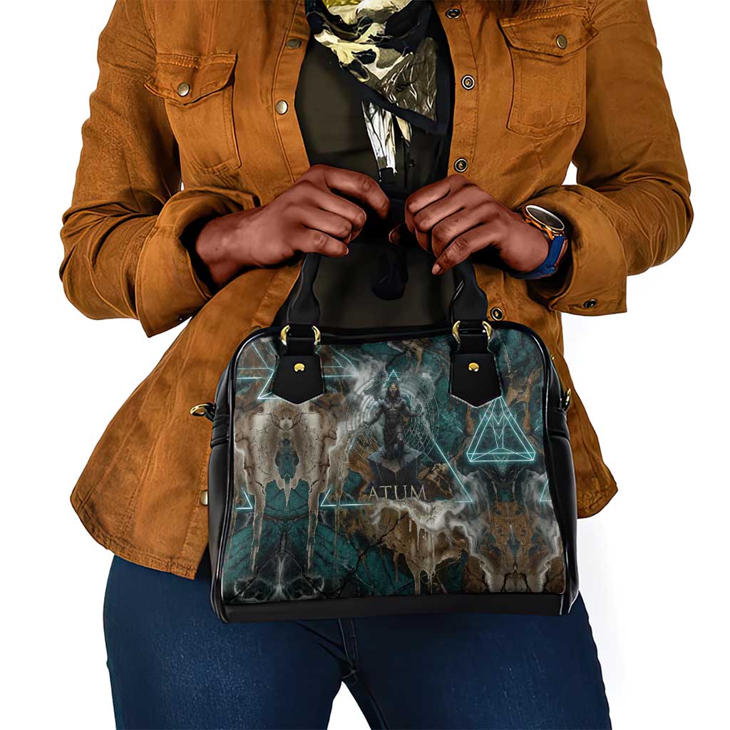 Atum Shoulder Handbag Ancient Egyptian Teal Marble Smoke, Solar Barque Crown, Creator Deity Statue - African Pride