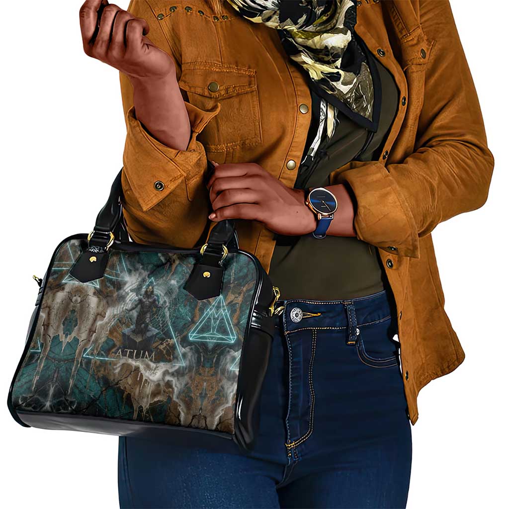 Atum Shoulder Handbag Ancient Egyptian Teal Marble Smoke, Solar Barque Crown, Creator Deity Statue - African Pride