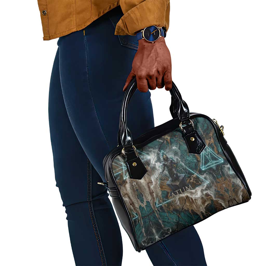 Atum Shoulder Handbag Ancient Egyptian Teal Marble Smoke, Solar Barque Crown, Creator Deity Statue - African Pride