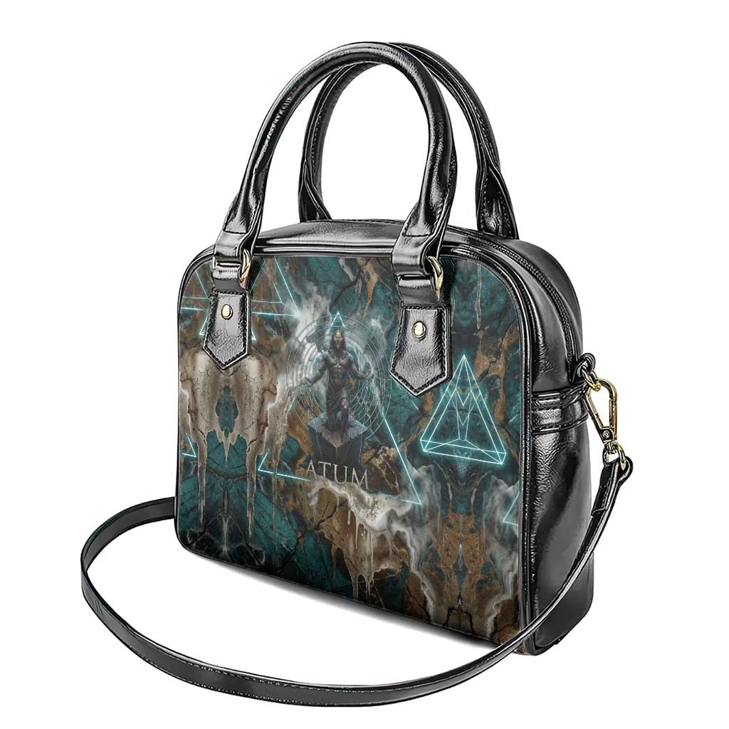 Atum Shoulder Handbag Ancient Egyptian Teal Marble Smoke, Solar Barque Crown, Creator Deity Statue - African Pride