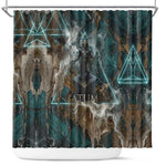Atum Shower Curtain Ancient Egyptian Teal Marble Smoke, Solar Barque Crown, Creator Deity Statue - African Pride