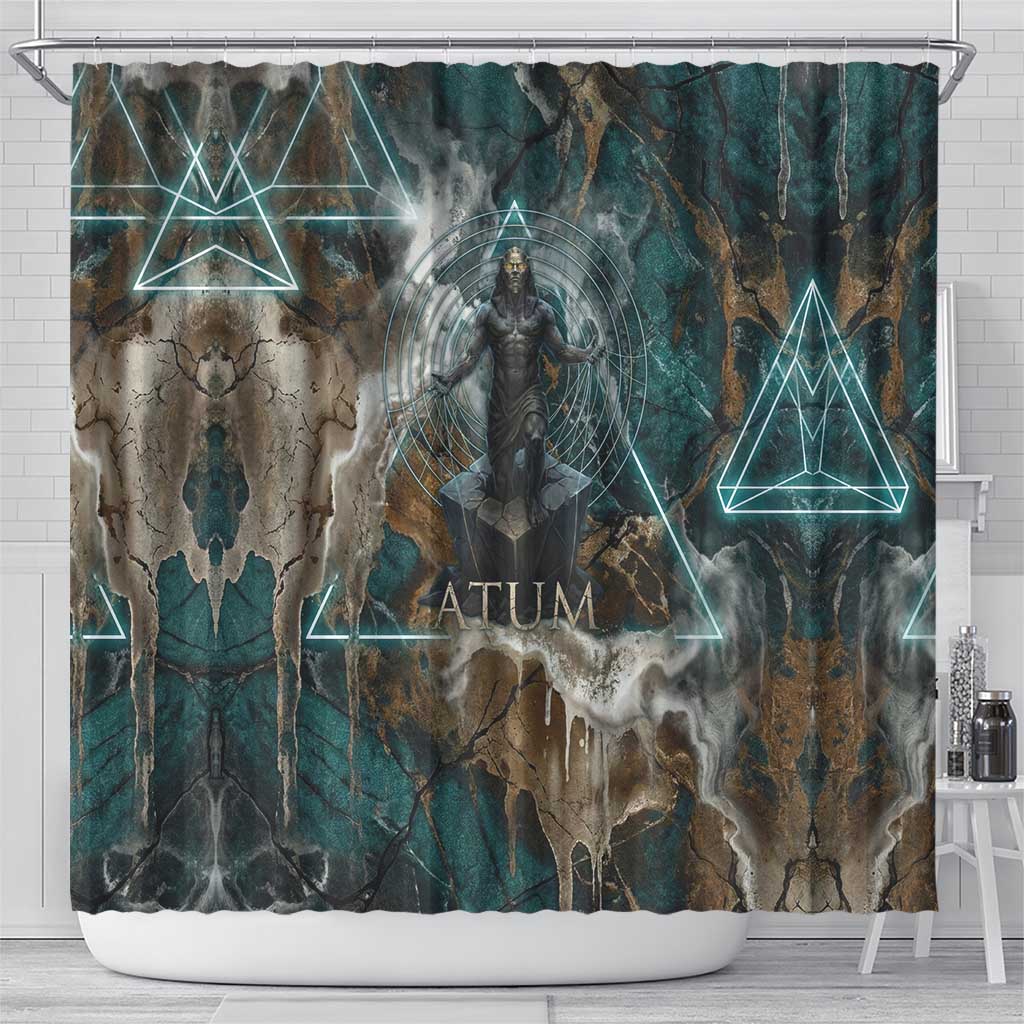 Atum Shower Curtain Ancient Egyptian Teal Marble Smoke, Solar Barque Crown, Creator Deity Statue - African Pride