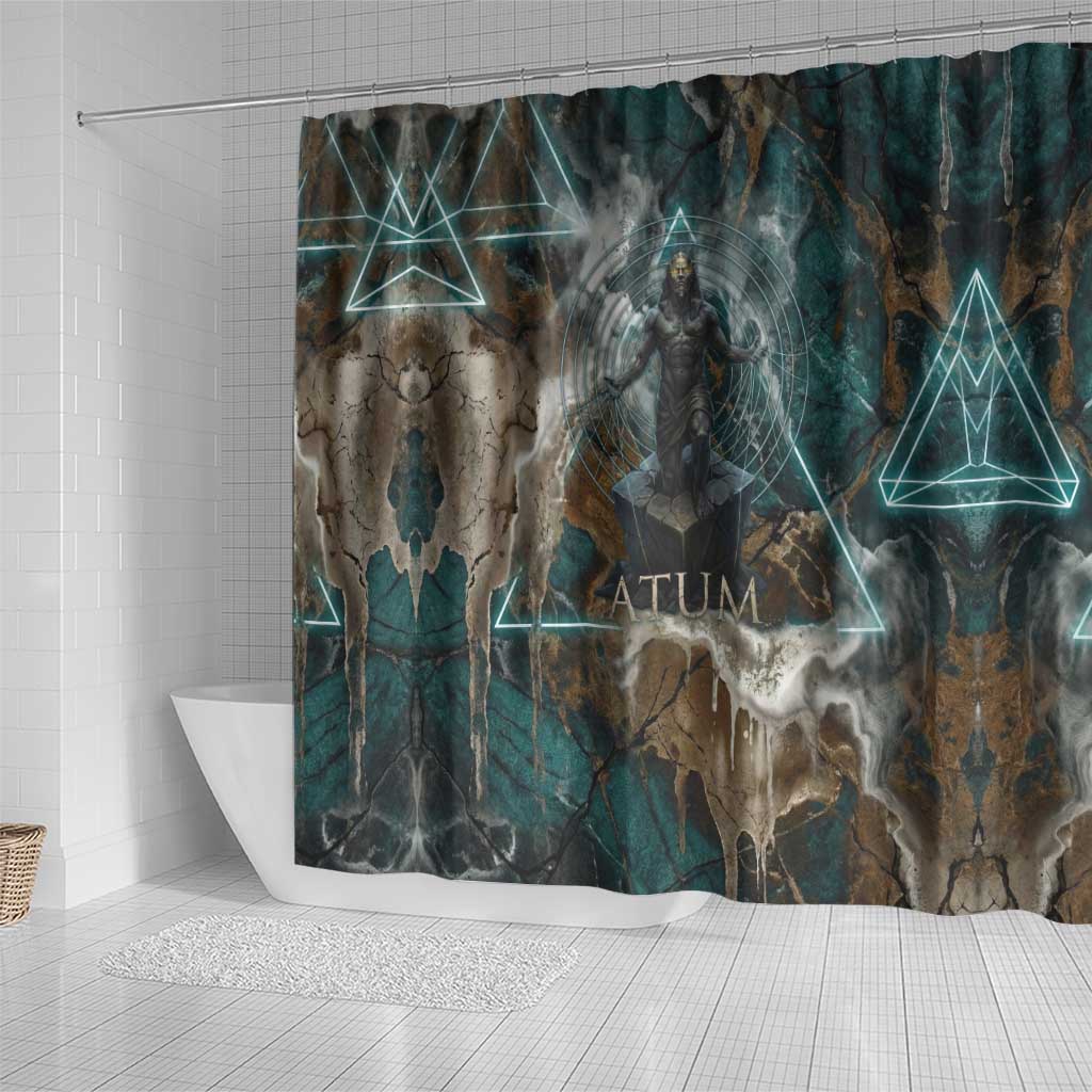 Atum Shower Curtain Ancient Egyptian Teal Marble Smoke, Solar Barque Crown, Creator Deity Statue - African Pride