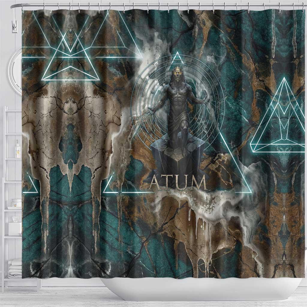 Atum Shower Curtain Ancient Egyptian Teal Marble Smoke, Solar Barque Crown, Creator Deity Statue - African Pride