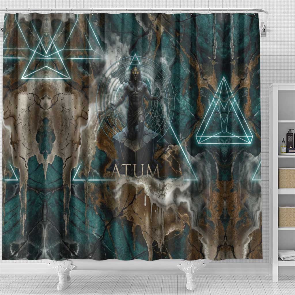 Atum Shower Curtain Ancient Egyptian Teal Marble Smoke, Solar Barque Crown, Creator Deity Statue - African Pride