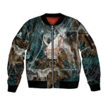 Atum Sleeve Zip Bomber Jacket Ancient Egyptian Teal Marble Smoke, Solar Barque Crown, Creator Deity Statue - African Pride