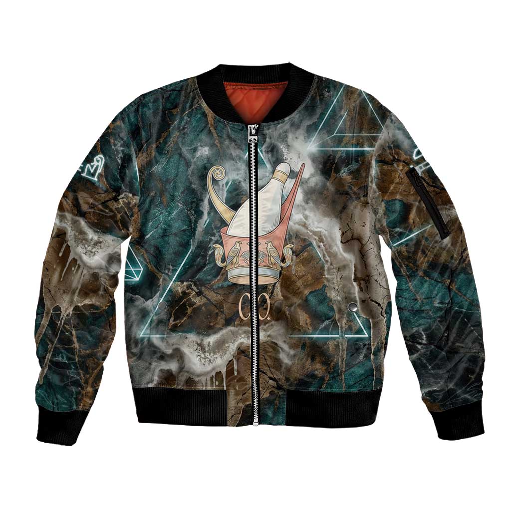 Atum Sleeve Zip Bomber Jacket Ancient Egyptian Teal Marble Smoke, Solar Barque Crown, Creator Deity Statue - African Pride