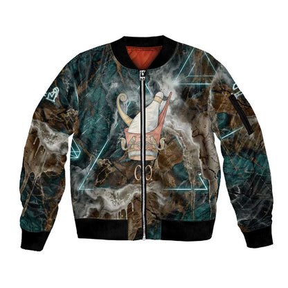 Atum Sleeve Zip Bomber Jacket Ancient Egyptian Teal Marble Smoke, Solar Barque Crown, Creator Deity Statue - African Pride