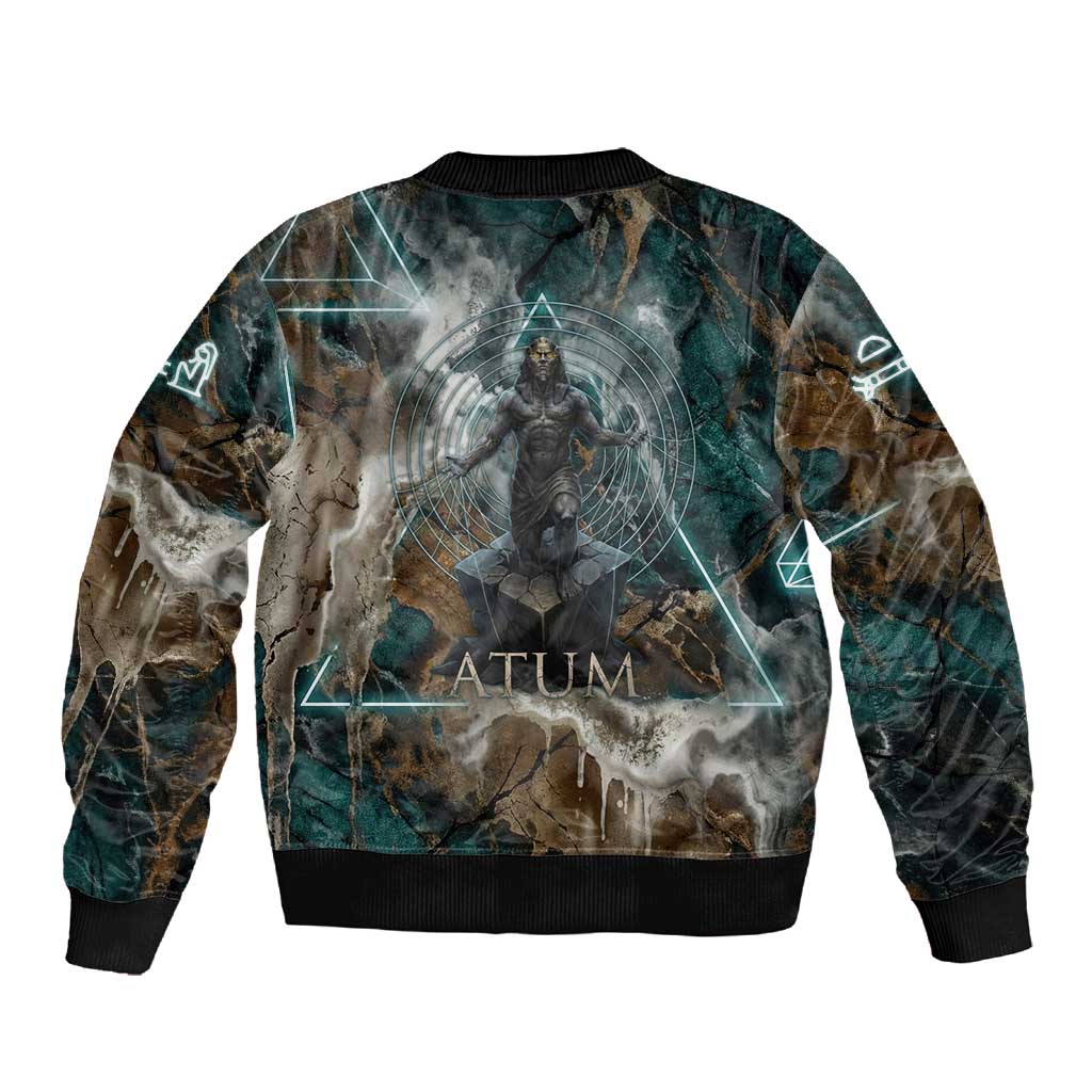 Atum Sleeve Zip Bomber Jacket Ancient Egyptian Teal Marble Smoke, Solar Barque Crown, Creator Deity Statue - African Pride