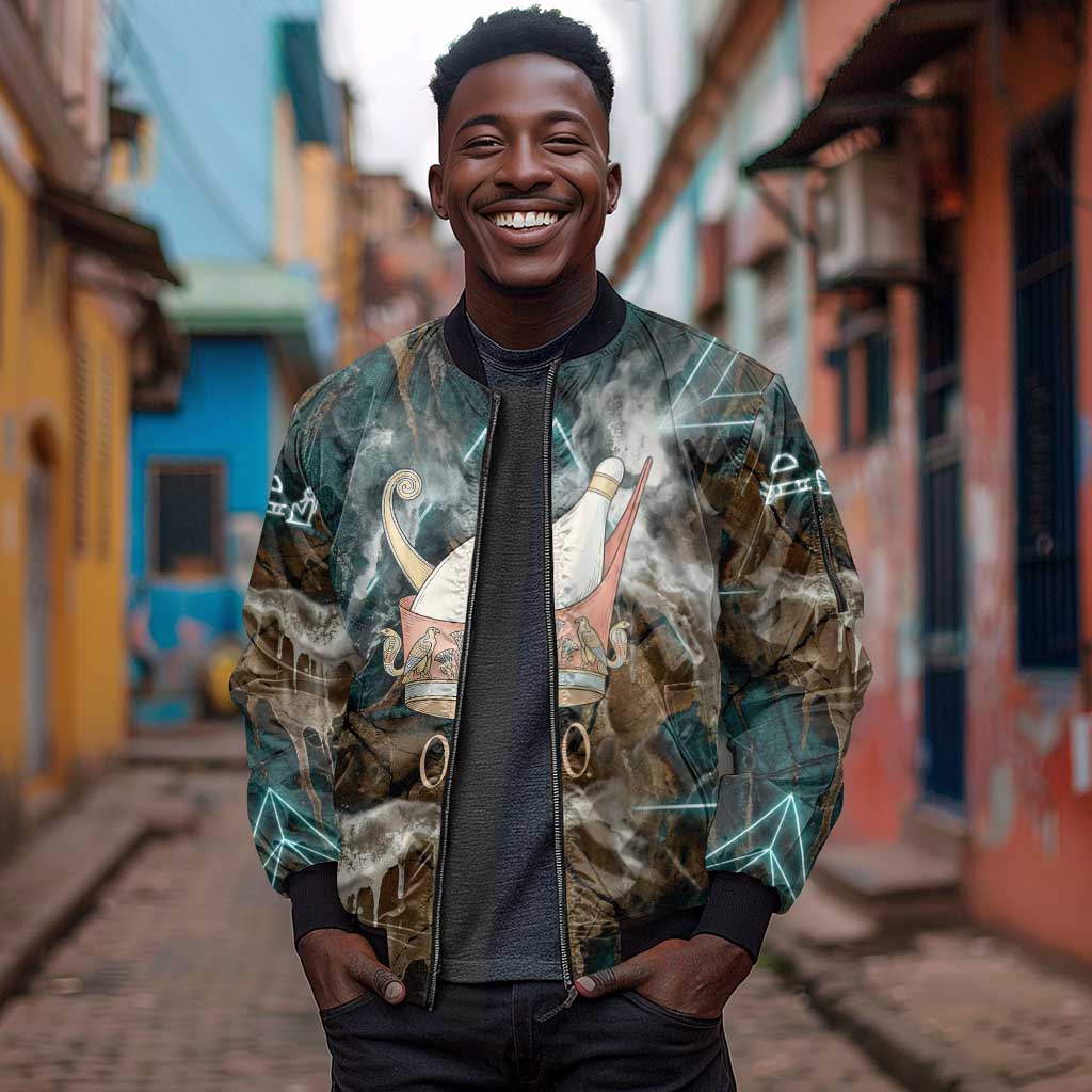 Atum Sleeve Zip Bomber Jacket Ancient Egyptian Teal Marble Smoke, Solar Barque Crown, Creator Deity Statue - African Pride