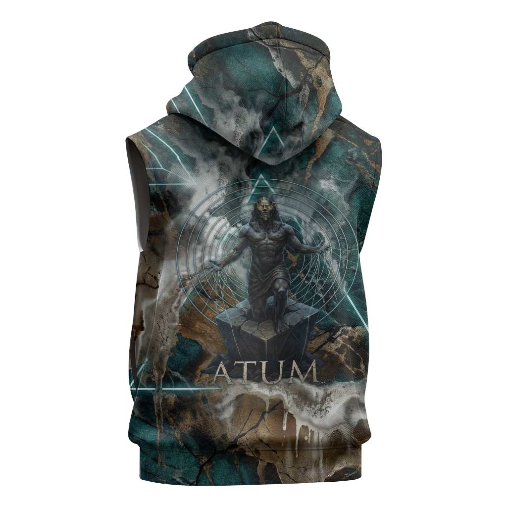 Atum Sleeveless Hoodie Ancient Egyptian Teal Marble Smoke, Solar Barque Crown, Creator Deity Statue - African Pride