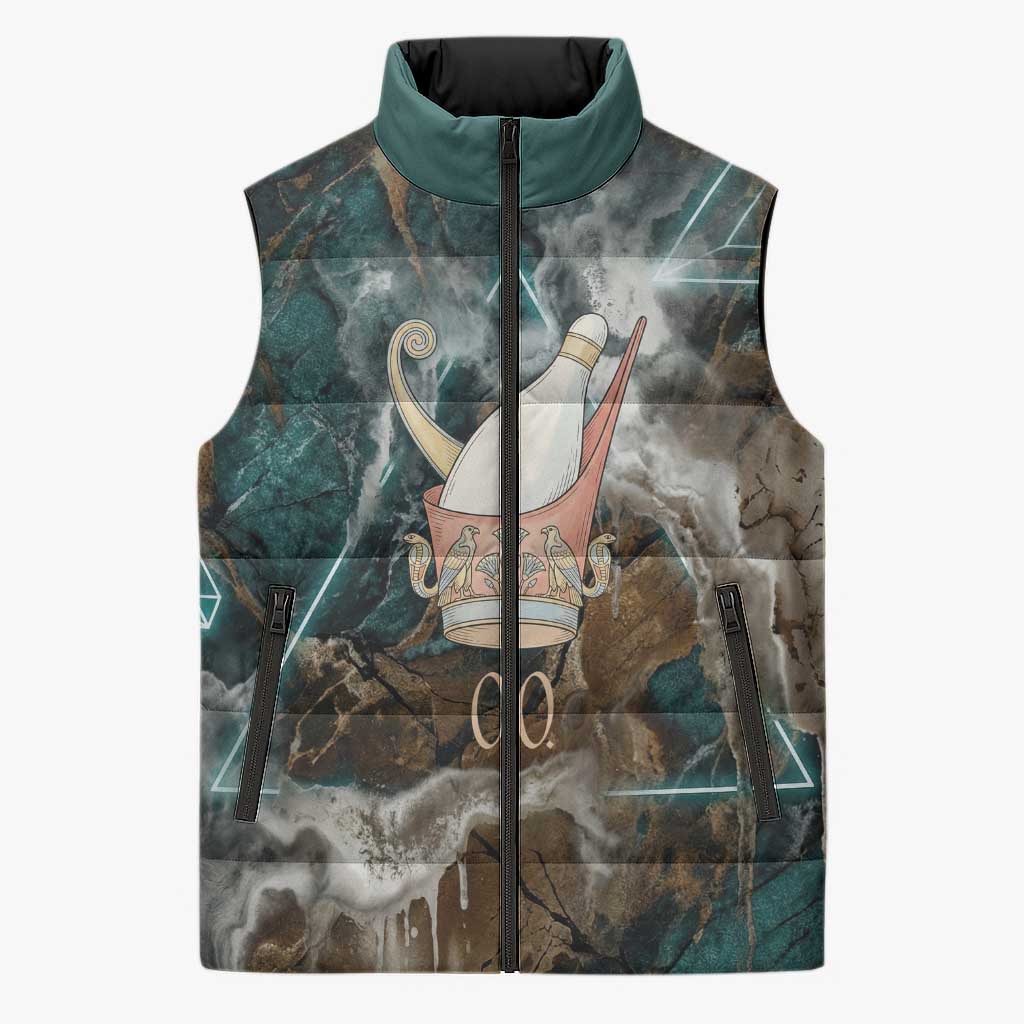 Atum Sleeveless Puffer Jacket Ancient Egyptian Teal Marble Smoke, Solar Barque Crown, Creator Deity Statue - African Pride