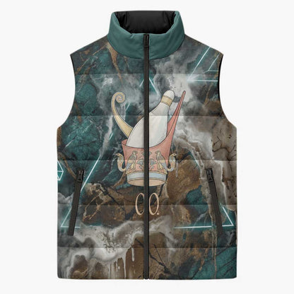 Atum Sleeveless Puffer Jacket Ancient Egyptian Teal Marble Smoke, Solar Barque Crown, Creator Deity Statue - African Pride
