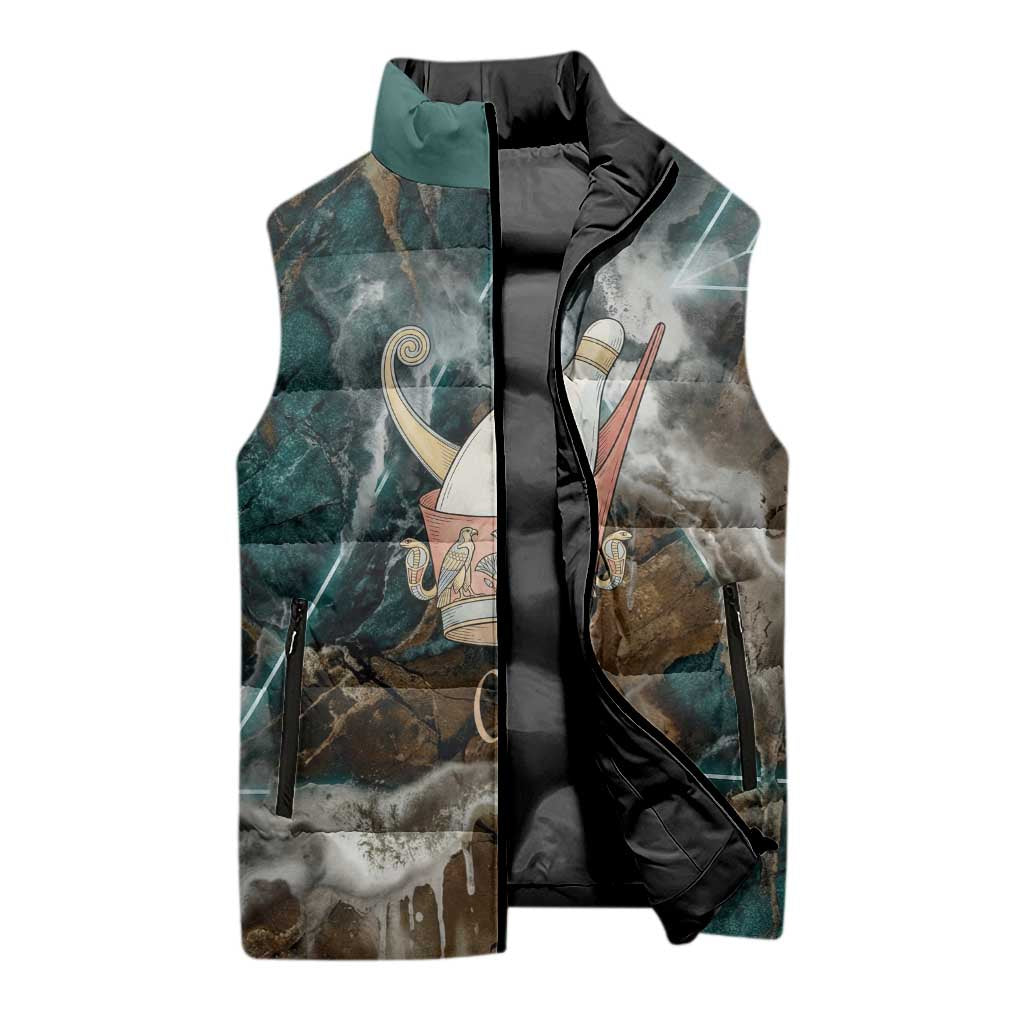 Atum Sleeveless Puffer Jacket Ancient Egyptian Teal Marble Smoke, Solar Barque Crown, Creator Deity Statue - African Pride