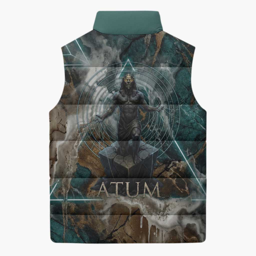 Atum Sleeveless Puffer Jacket Ancient Egyptian Teal Marble Smoke, Solar Barque Crown, Creator Deity Statue - African Pride
