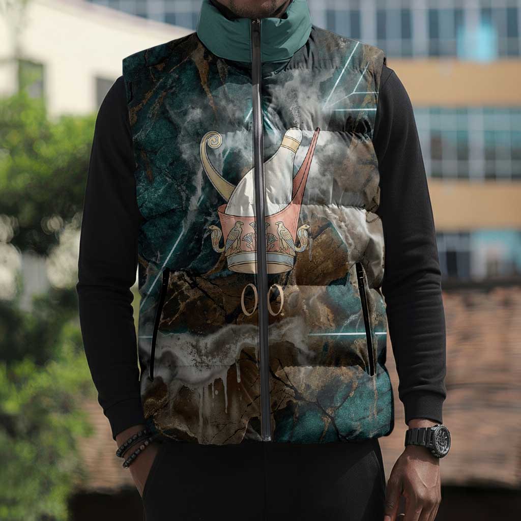 Atum Sleeveless Puffer Jacket Ancient Egyptian Teal Marble Smoke, Solar Barque Crown, Creator Deity Statue - African Pride