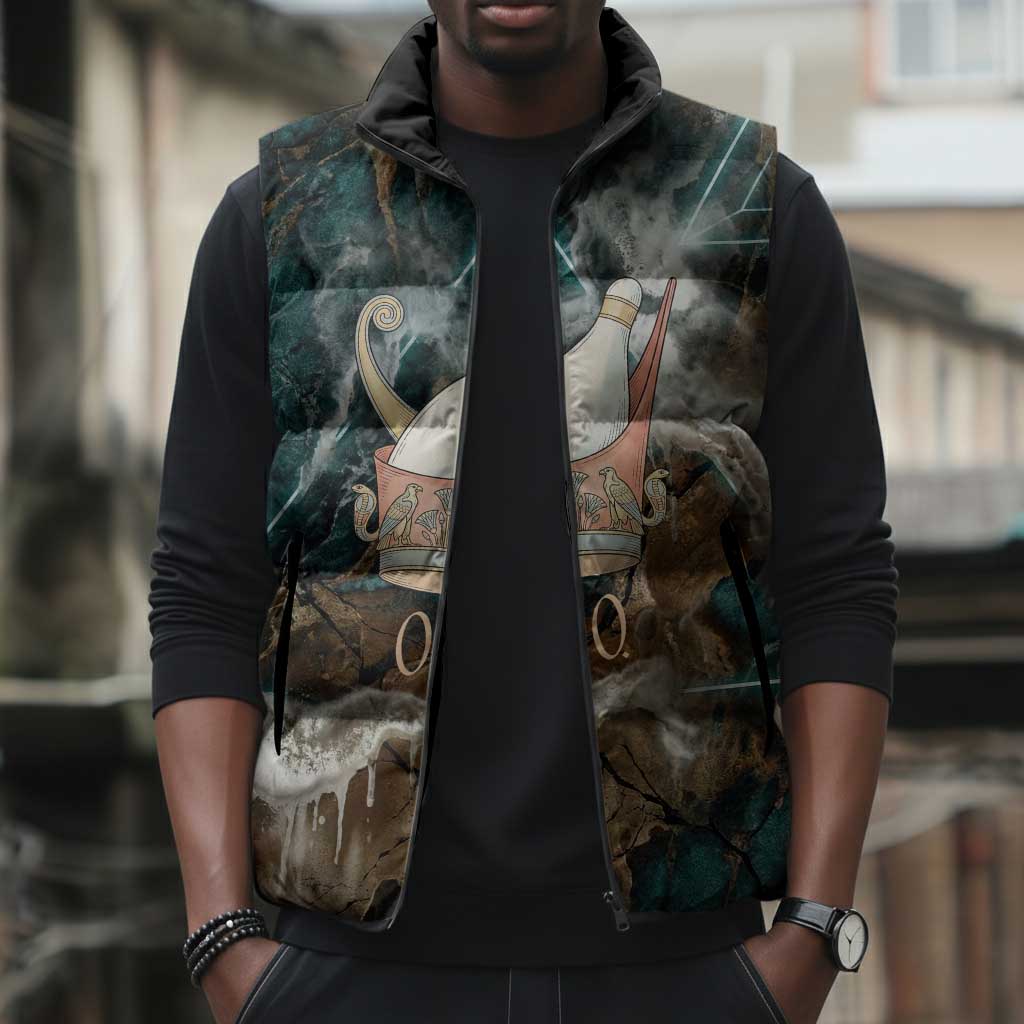 Atum Sleeveless Puffer Jacket Ancient Egyptian Teal Marble Smoke, Solar Barque Crown, Creator Deity Statue - African Pride