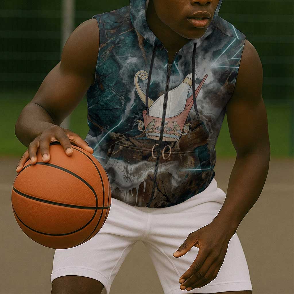 Atum Sleeveless Zip Hoodie Ancient Egyptian Teal Marble Smoke, Solar Barque Crown, Creator Deity Statue - African Pride