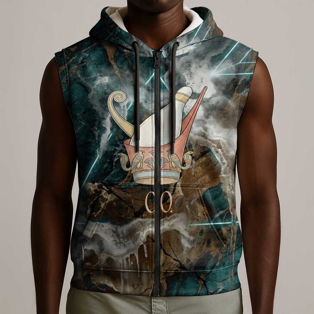 Atum Sleeveless Zip Hoodie Ancient Egyptian Teal Marble Smoke, Solar Barque Crown, Creator Deity Statue - African Pride