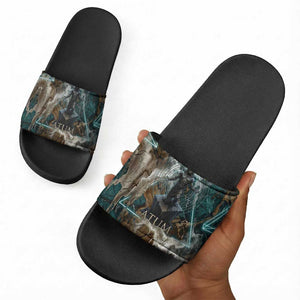 Atum Slide Sandals Ancient Egyptian Teal Marble Smoke, Solar Barque Crown, Creator Deity Statue - African Pride
