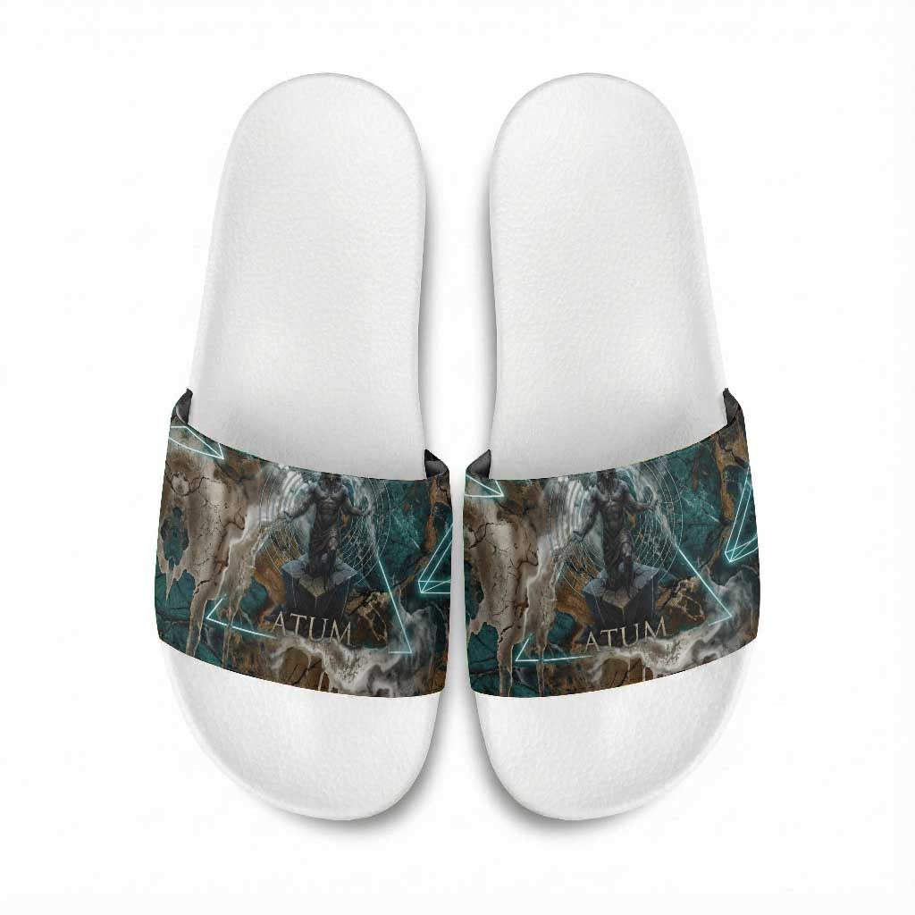 Atum Slide Sandals Ancient Egyptian Teal Marble Smoke, Solar Barque Crown, Creator Deity Statue - African Pride