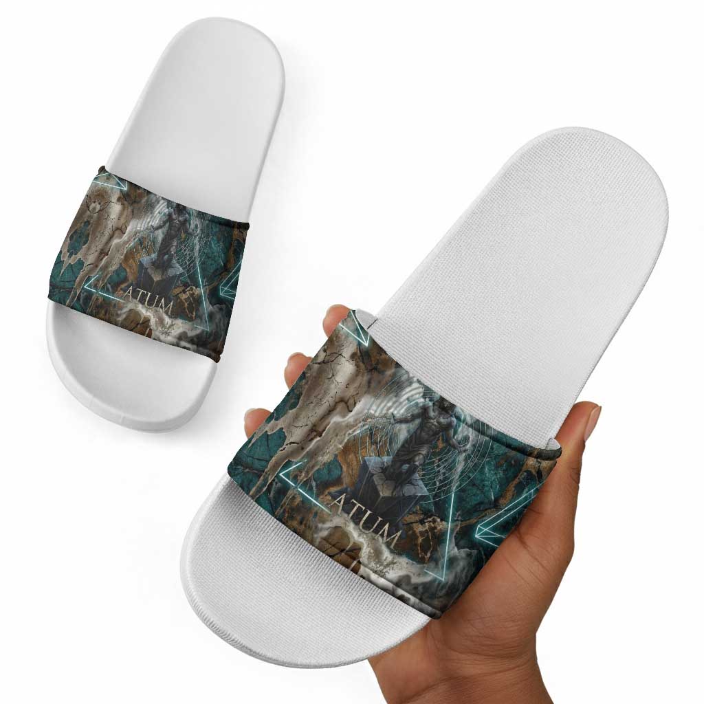 Atum Slide Sandals Ancient Egyptian Teal Marble Smoke, Solar Barque Crown, Creator Deity Statue - African Pride