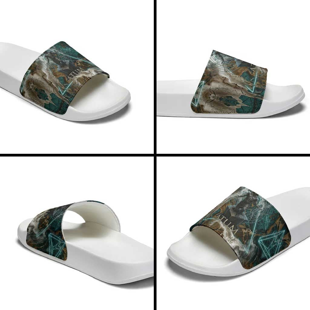 Atum Slide Sandals Ancient Egyptian Teal Marble Smoke, Solar Barque Crown, Creator Deity Statue - African Pride