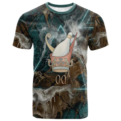 Atum T shirt Ancient Egyptian Teal Marble Smoke, Solar Barque Crown, Creator Deity Statue - African Pride