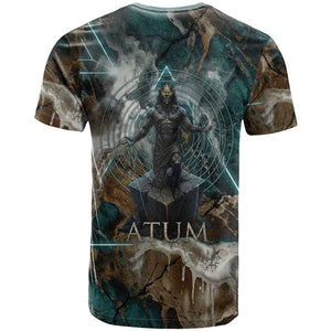 Atum T shirt Ancient Egyptian Teal Marble Smoke, Solar Barque Crown, Creator Deity Statue - African Pride
