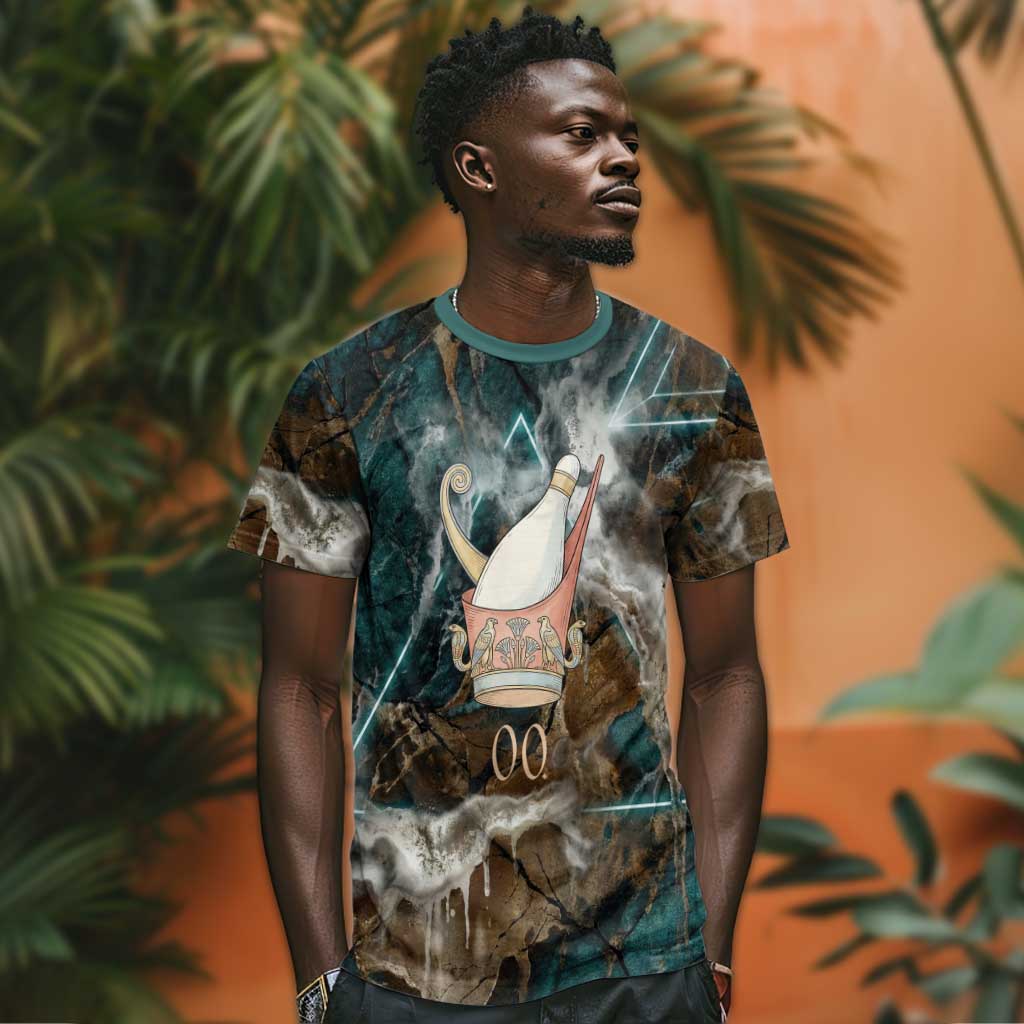 Atum T shirt Ancient Egyptian Teal Marble Smoke, Solar Barque Crown, Creator Deity Statue - African Pride