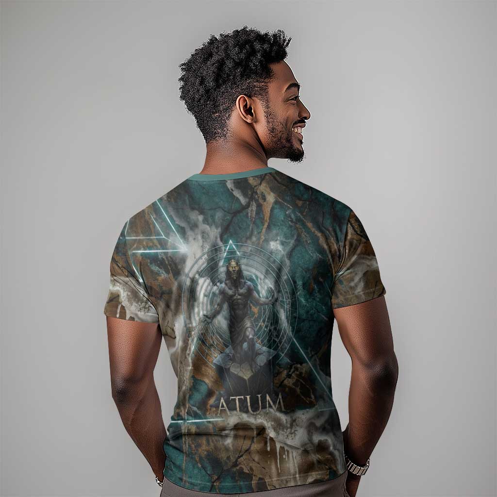 Atum T shirt Ancient Egyptian Teal Marble Smoke, Solar Barque Crown, Creator Deity Statue - African Pride