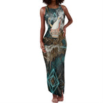 Atum Tank Maxi Dress Ancient Egyptian Teal Marble Smoke, Solar Barque Crown, Creator Deity Statue - African Pride