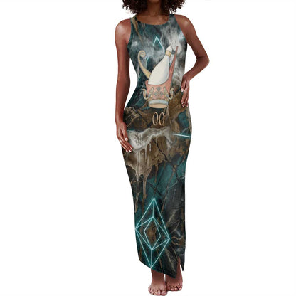 Atum Tank Maxi Dress Ancient Egyptian Teal Marble Smoke, Solar Barque Crown, Creator Deity Statue - African Pride
