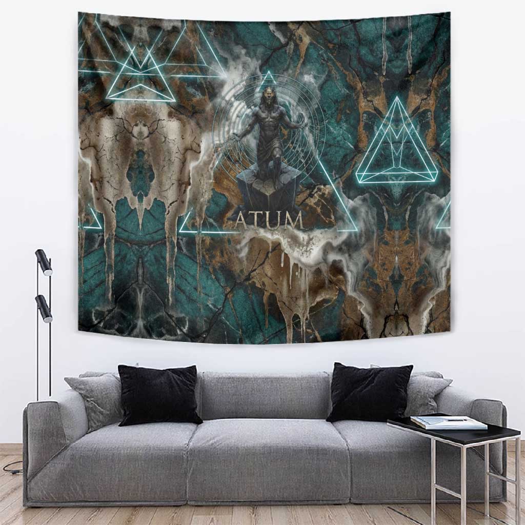 Atum Tapestry Ancient Egyptian Teal Marble Smoke, Solar Barque Crown, Creator Deity Statue - African Pride
