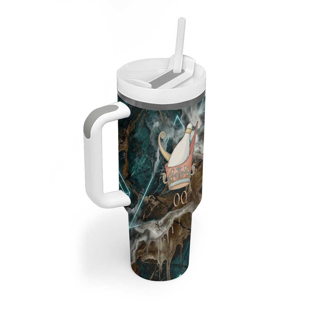 Atum Tumbler With Handle Ancient Egyptian Teal Marble Smoke, Solar Barque Crown, Creator Deity Statue - African Pride